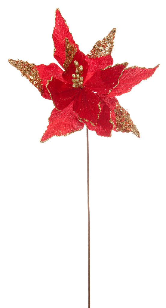 60cm red poinsettia stem with glitter