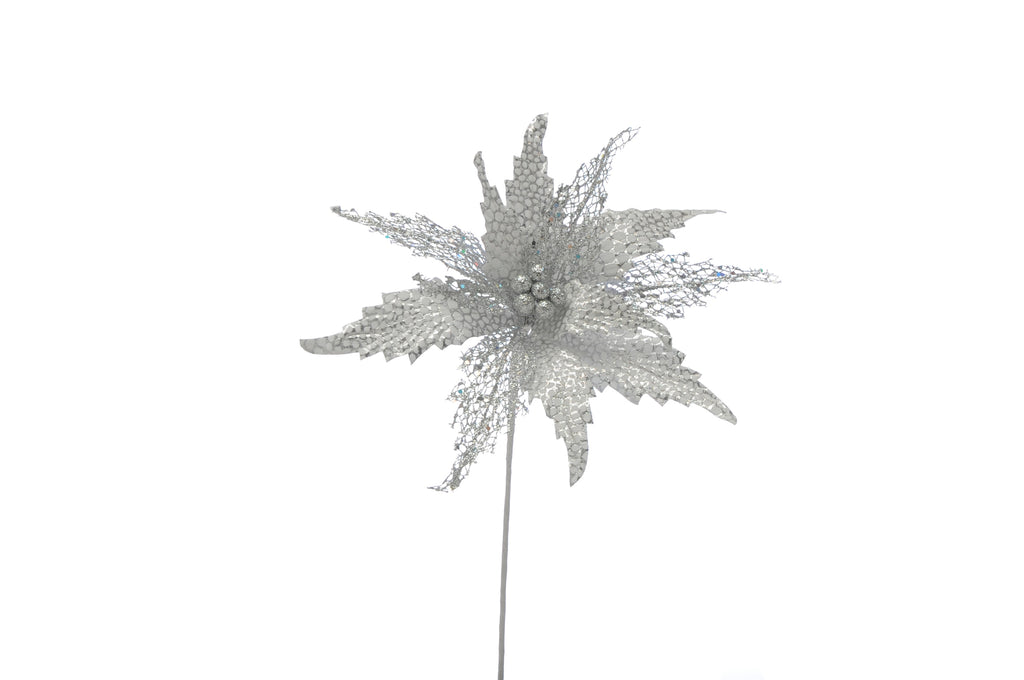 53cm silver poinsettia stem with glitter