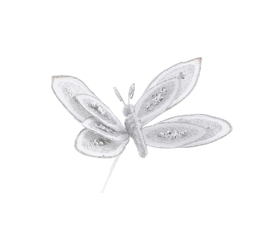 26cm white glitter butterfly stem